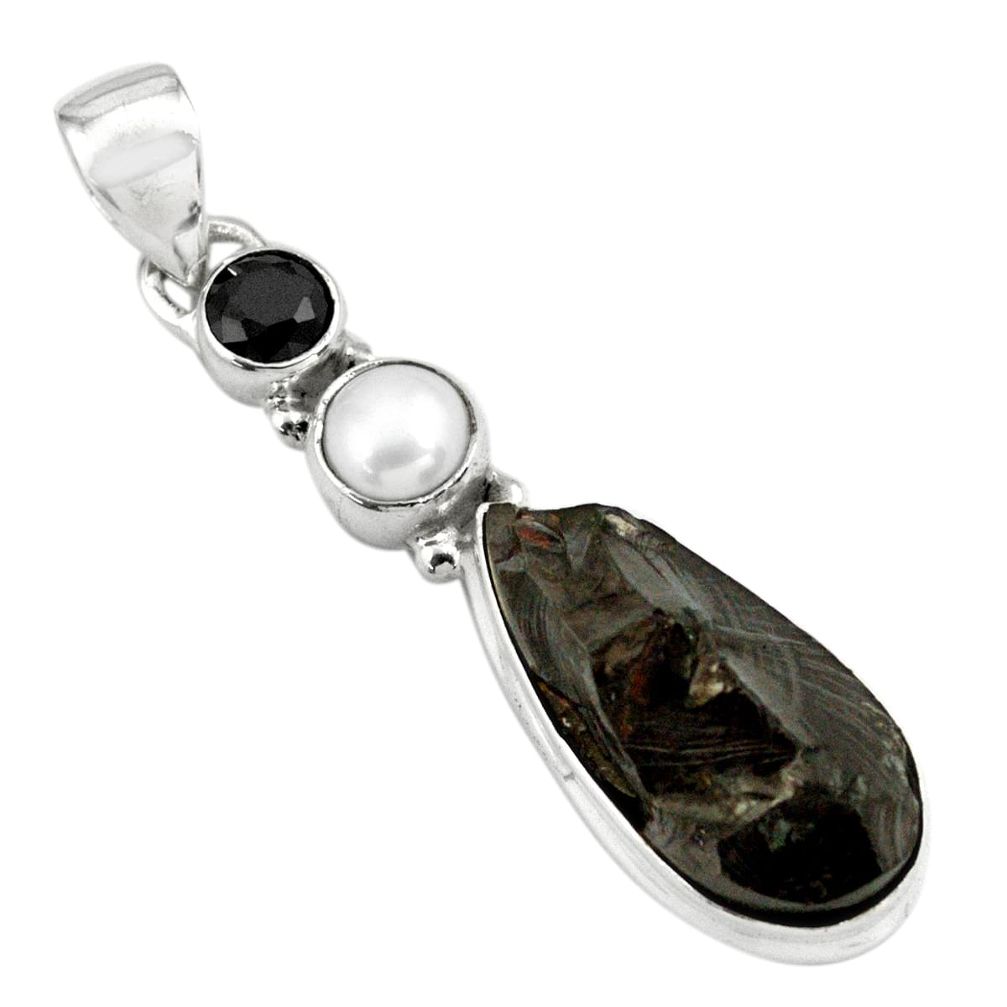 10.31cts natural black shungite onyx pearl 925 sterling silver pendant p79419