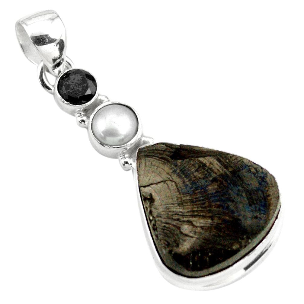 15.55cts natural black shungite onyx pearl 925 sterling silver pendant p79426