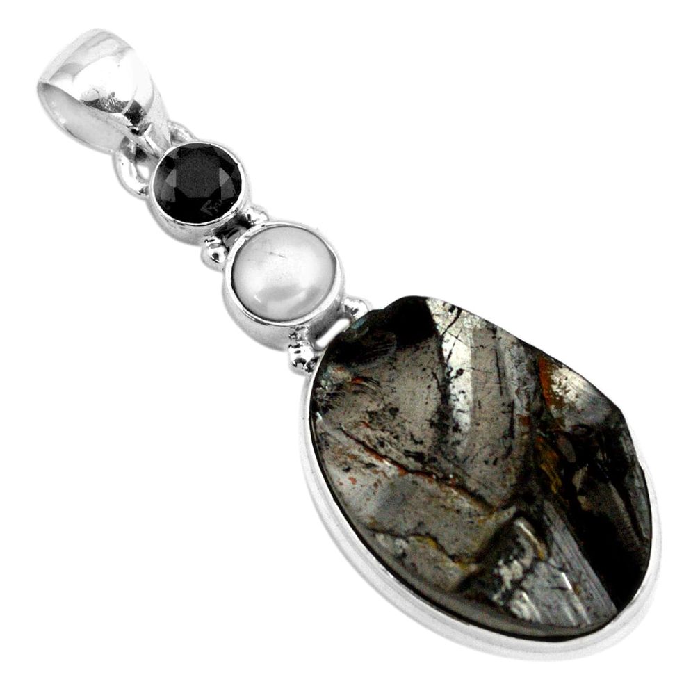 14.47cts natural black shungite onyx pearl 925 sterling silver pendant p79429