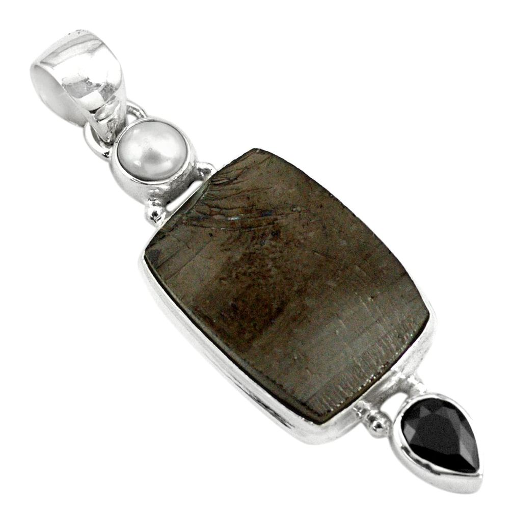 14.47cts natural black shungite onyx pearl 925 sterling silver pendant p79430