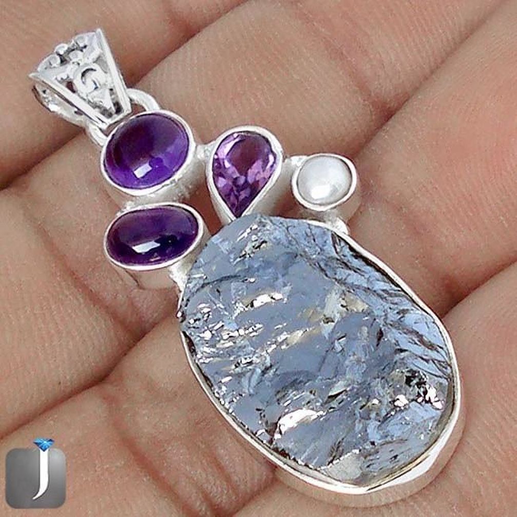 20.07cts NATURAL BLACK SILICON GEMSTONE AMETHYST 925 SILVER PENDANT G10894