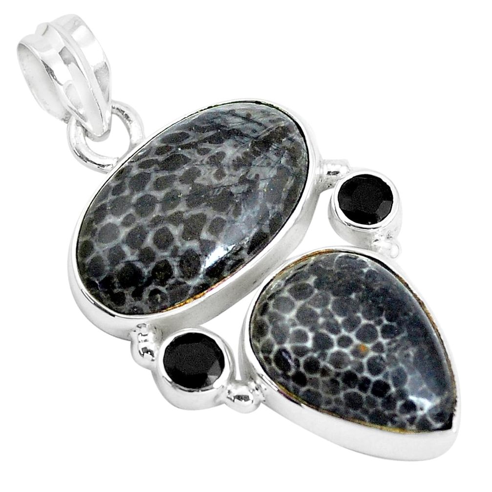 16.94cts natural black stingray coral from alaska onyx 925 silver pendant d31132