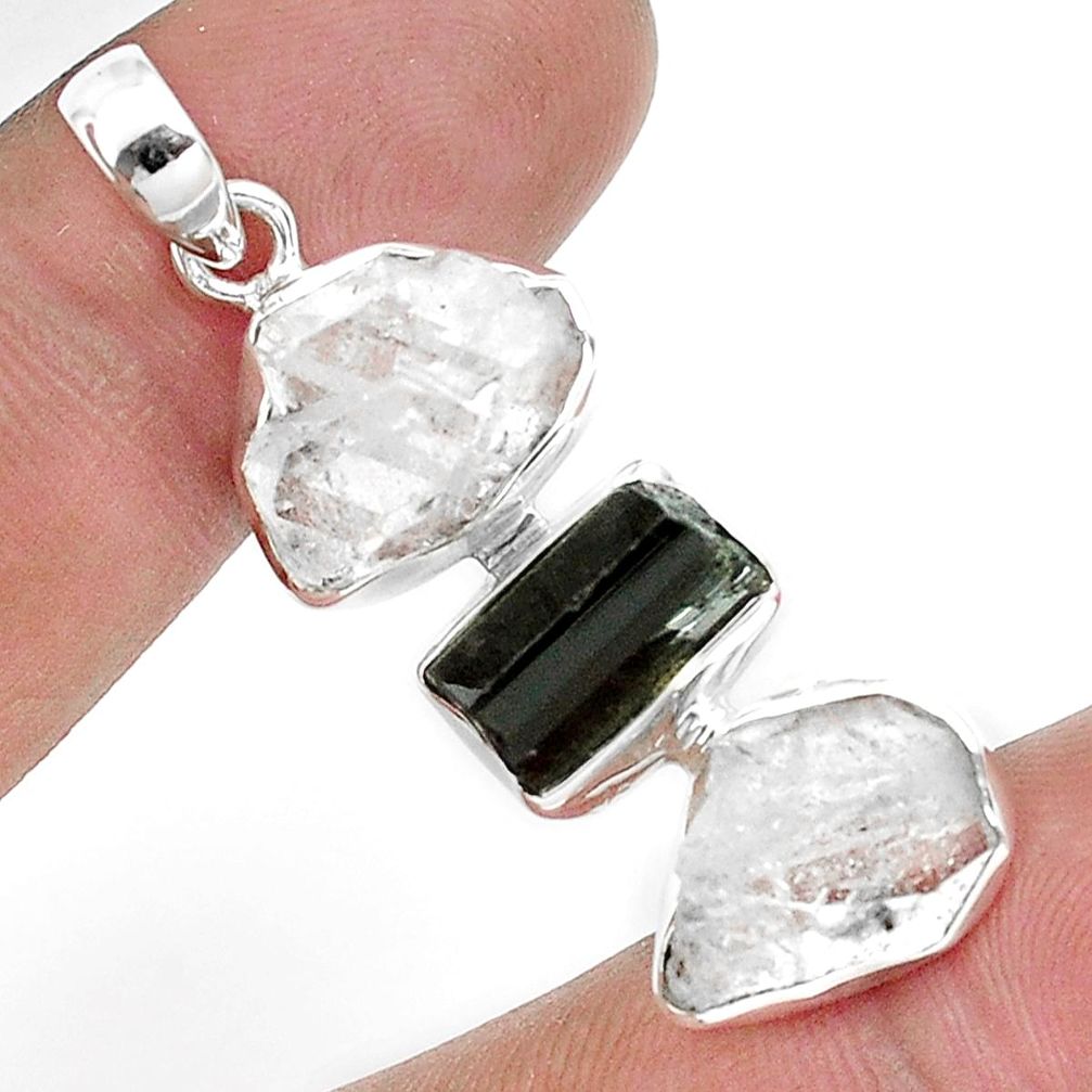 13.87cts natural black tourmaline rough herkimer diamond silver pendant p44220