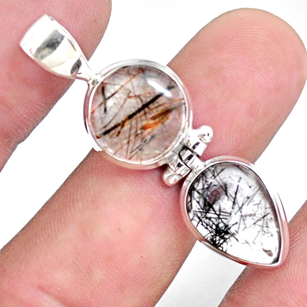 14.23cts natural black tourmaline rutile 925 sterling silver pendant p55641