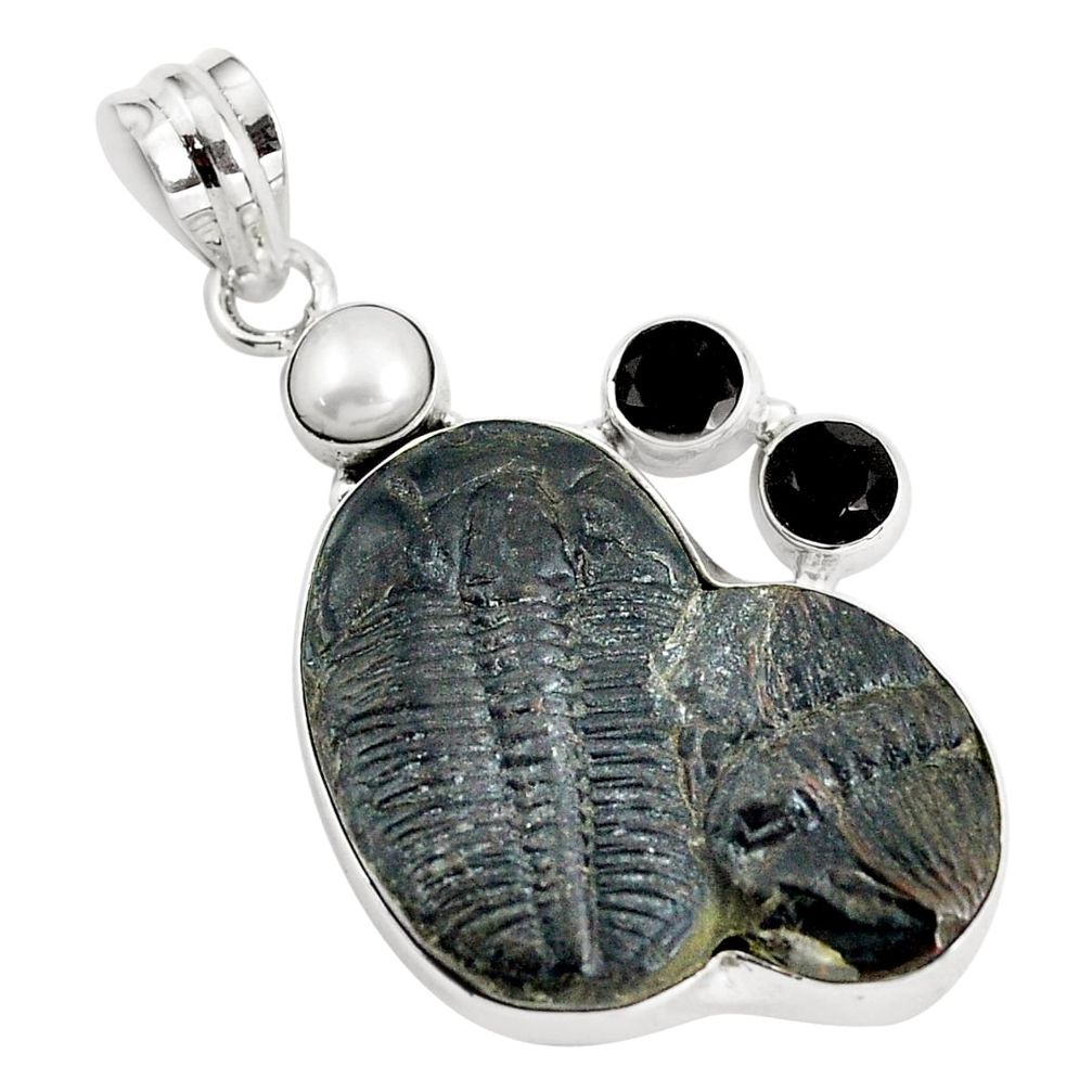20.65cts natural black trilobite onyx 925 sterling silver pendant jewelry d31882