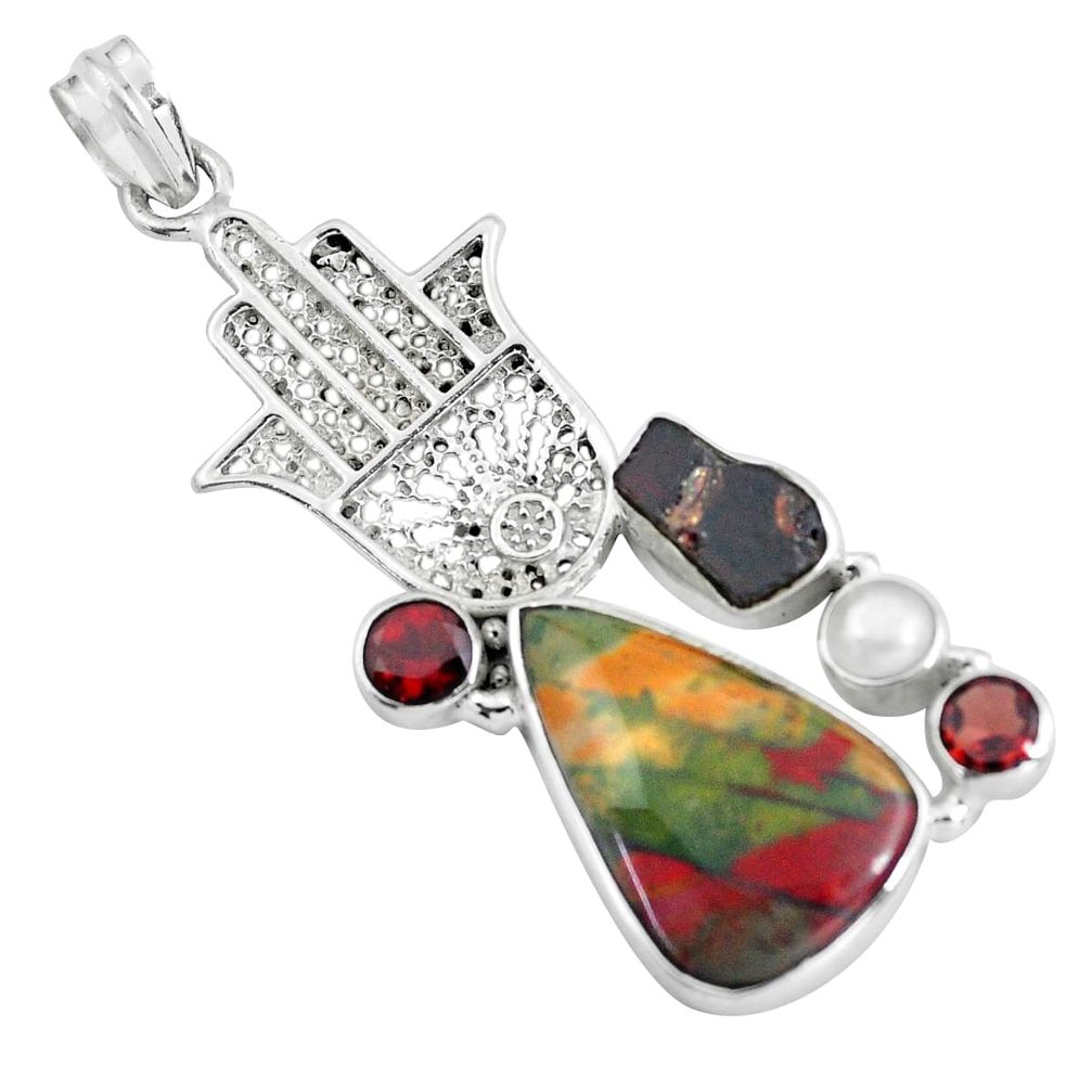 21.30cts natural bloodstone african 925 silver hand of god hamsa pendant d31847