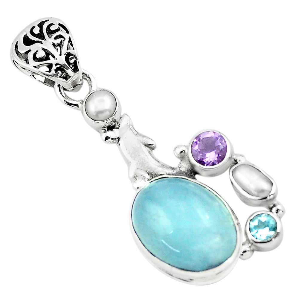 9.37cts natural blue aquamarine amethyst 925 silver dolphin pendant p72896