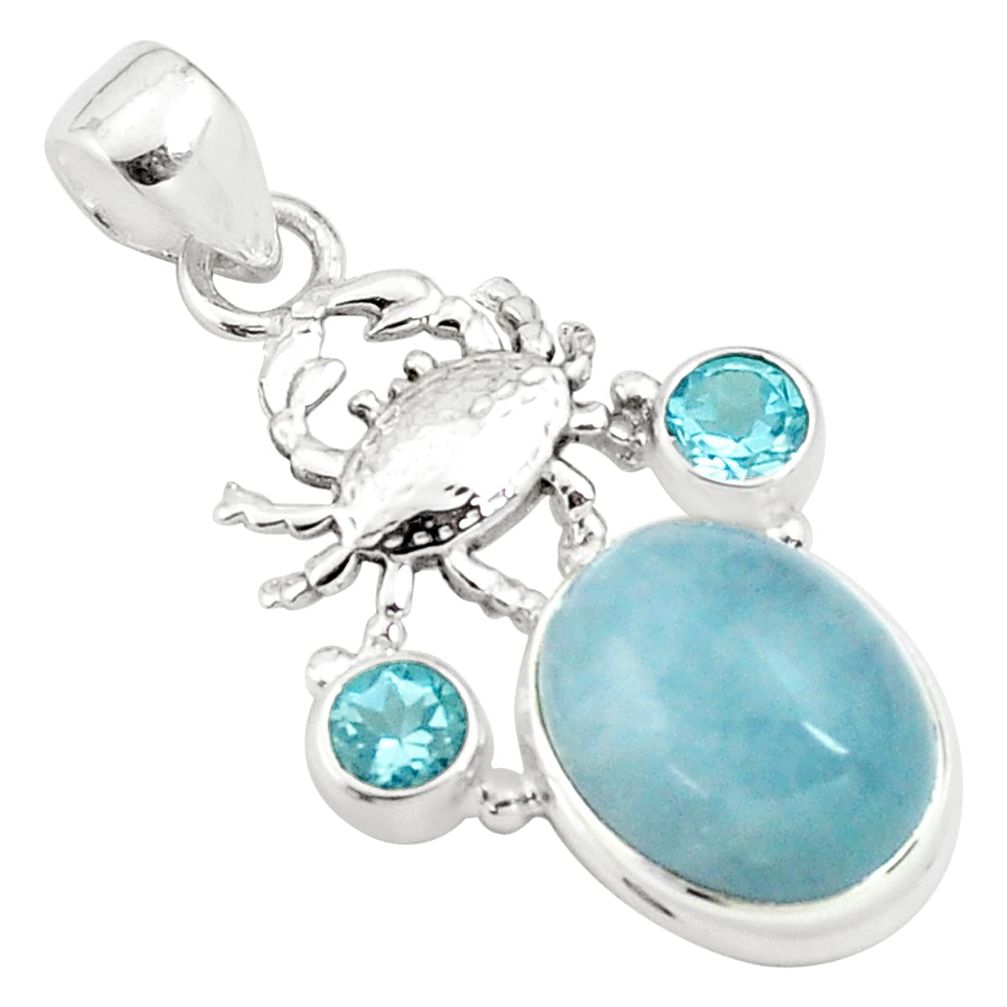 12.62cts natural blue aquamarine topaz 925 sterling silver crab pendant p77835