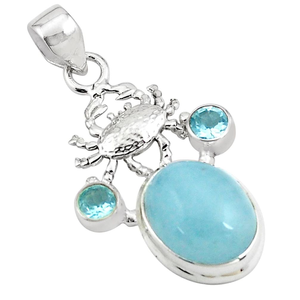 12.83cts natural blue aquamarine topaz 925 sterling silver crab pendant p78273