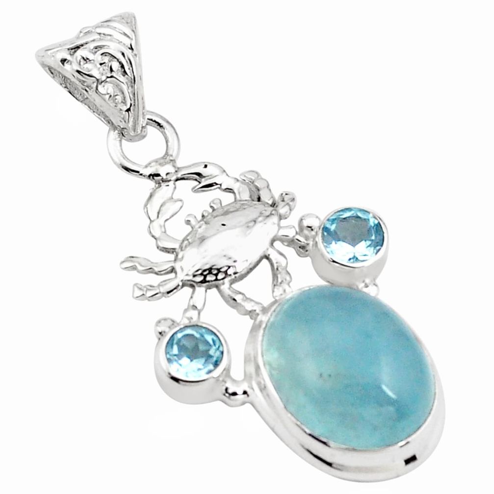 13.41cts natural blue aquamarine topaz 925 sterling silver crab pendant p78282