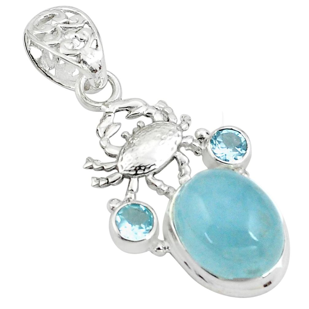 14.04cts natural blue aquamarine topaz 925 sterling silver crab pendant p78286