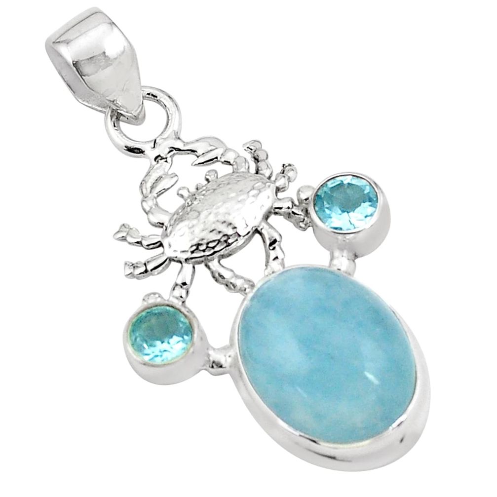 13.84cts natural blue aquamarine topaz 925 sterling silver crab pendant p78291