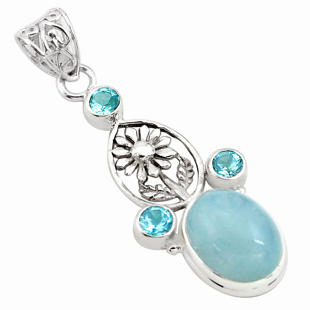 12.03cts natural blue aquamarine topaz 925 sterling silver flower pendant p77825