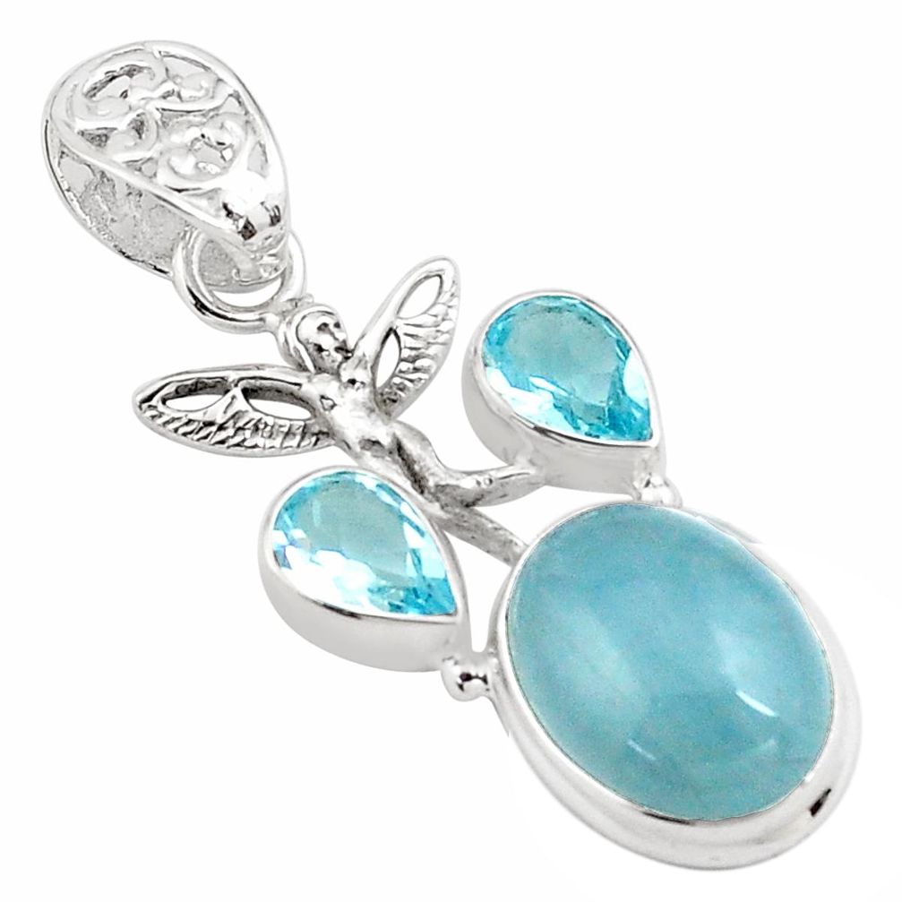 15.64cts natural blue aquamarine topaz silver angel wings fairy pendant p78284