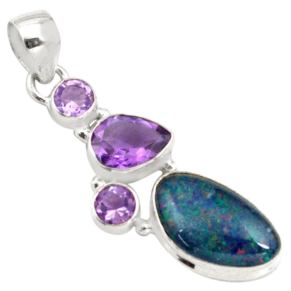 8.52cts natural blue australian opal triplet amethyst 925 silver pendant p79698