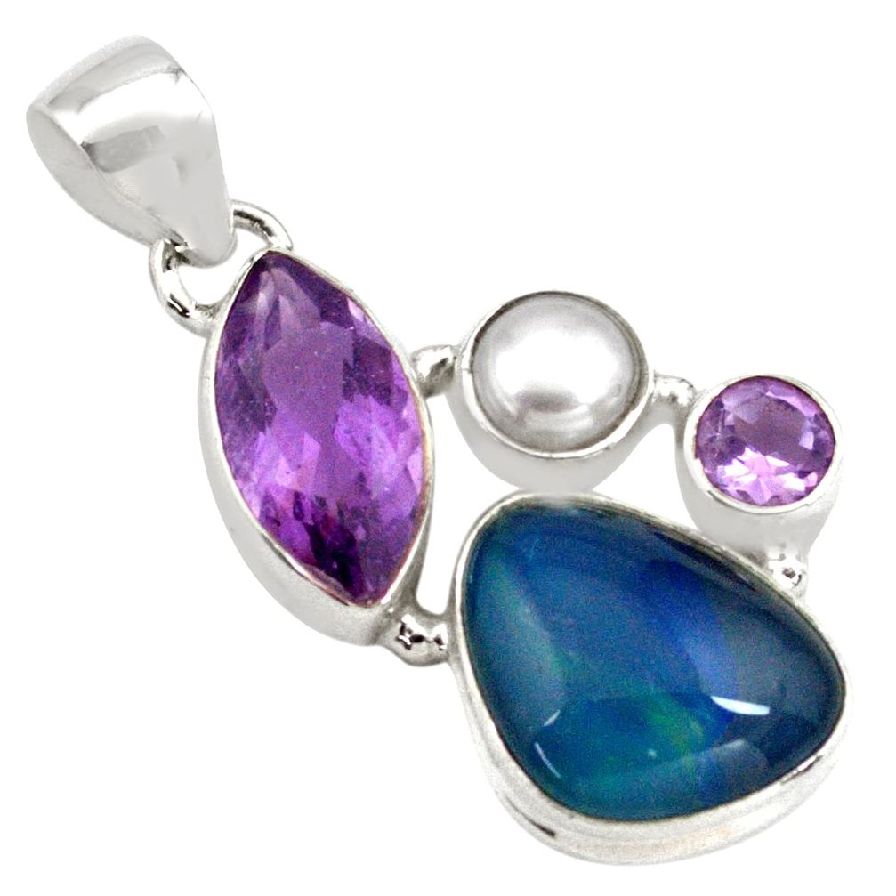 15.02cts natural blue australian opal triplet amethyst 925 silver pendant p79711