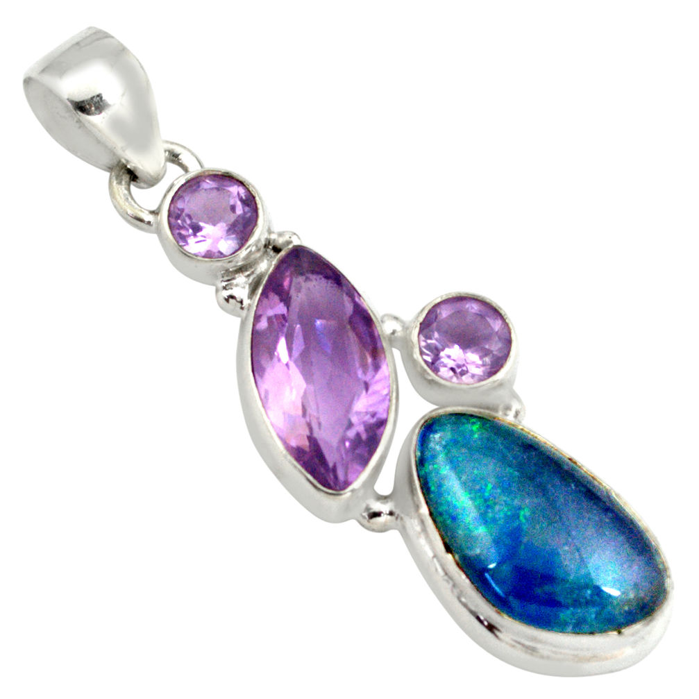 14.45cts natural blue australian opal triplet amethyst 925 silver pendant p79725