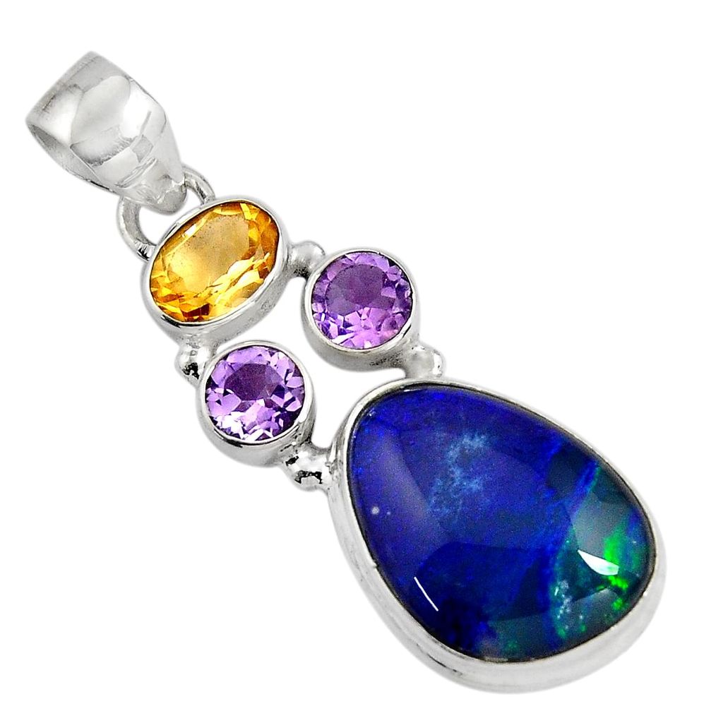 12.07cts natural blue australian opal triplet amethyst 925 silver pendant p90328