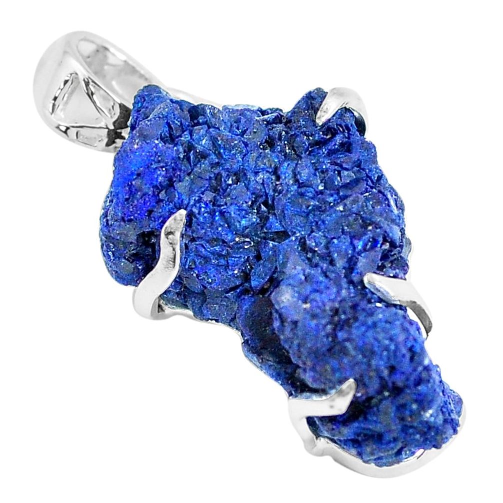 31.00cts natural blue azurite druzy 925 silver pendant jewelry p63382
