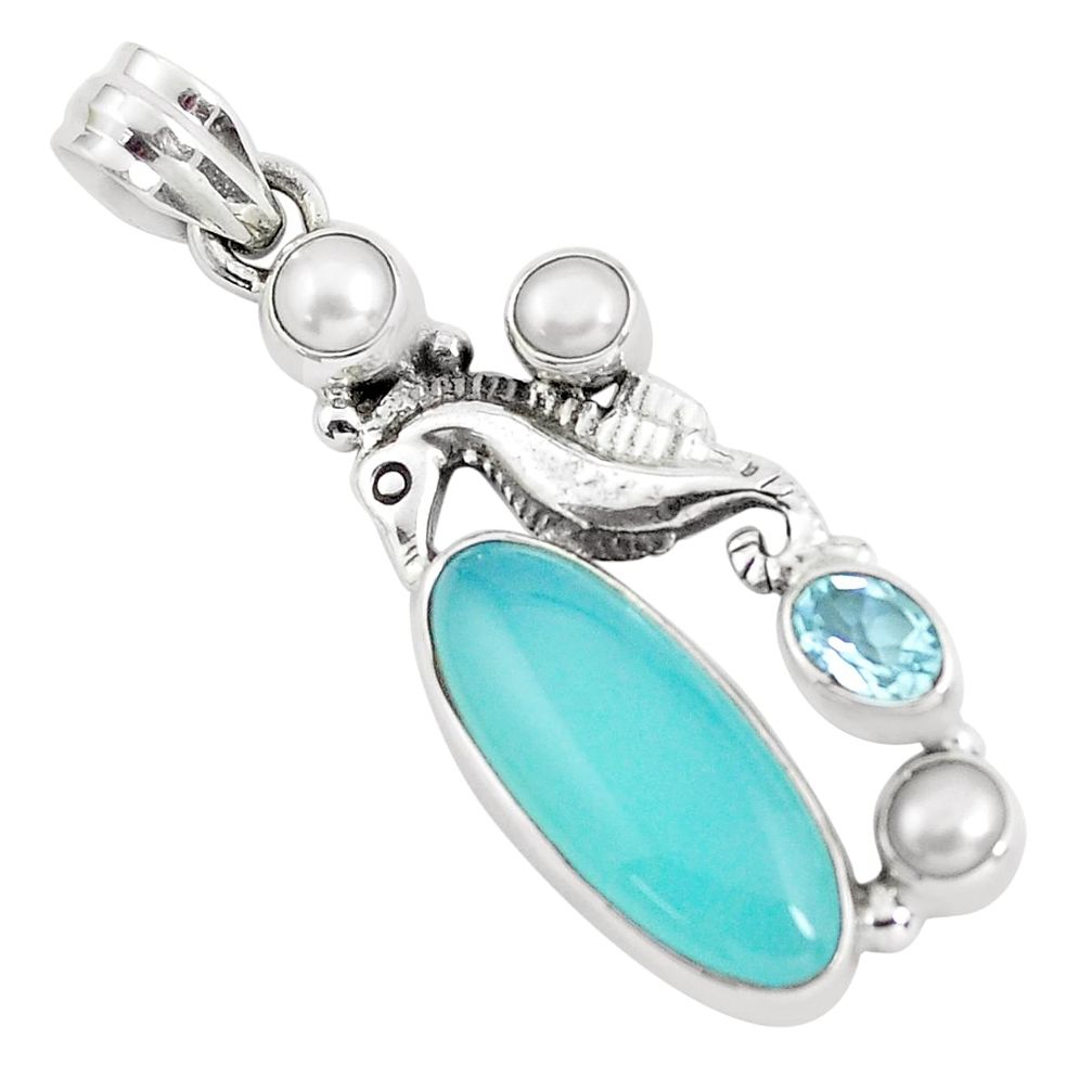 11.37cts natural blue chalcedony topaz 925 silver seahorse pendant p58898
