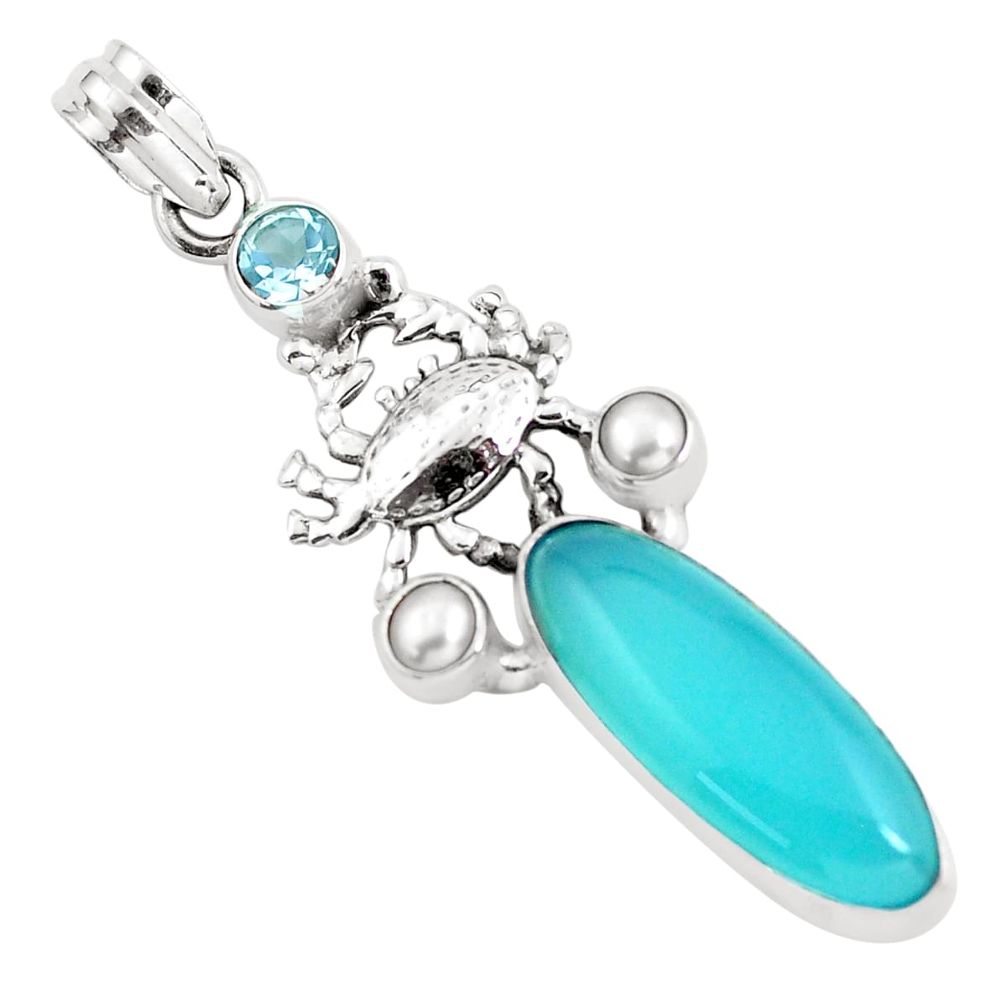 11.37cts natural blue chalcedony topaz 925 sterling silver crab pendant p58882