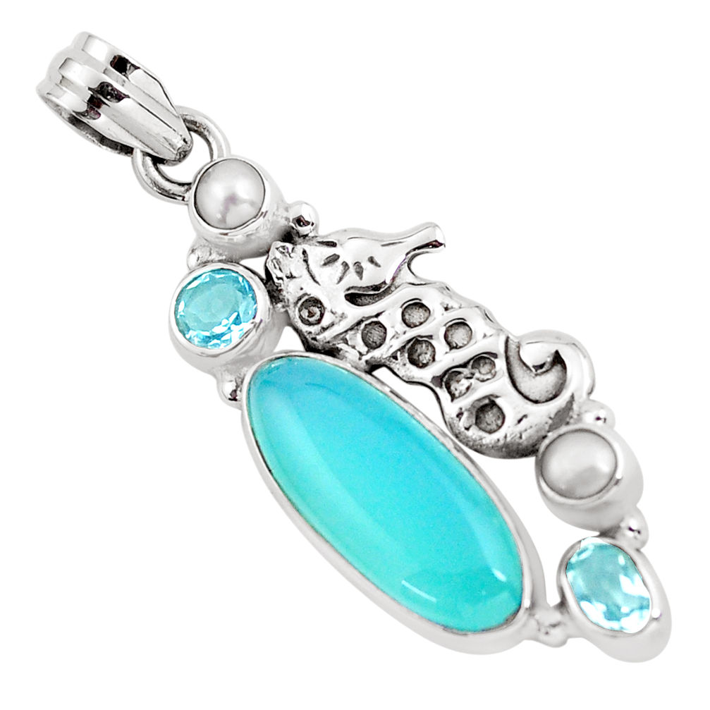 11.95cts natural blue chalcedony topaz pearl 925 silver seahorse pendant p58927