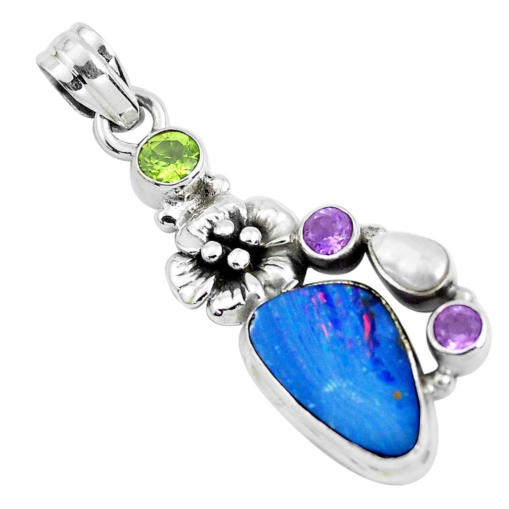 10.70cts natural blue doublet opal australian 925 silver flower pendant p51906