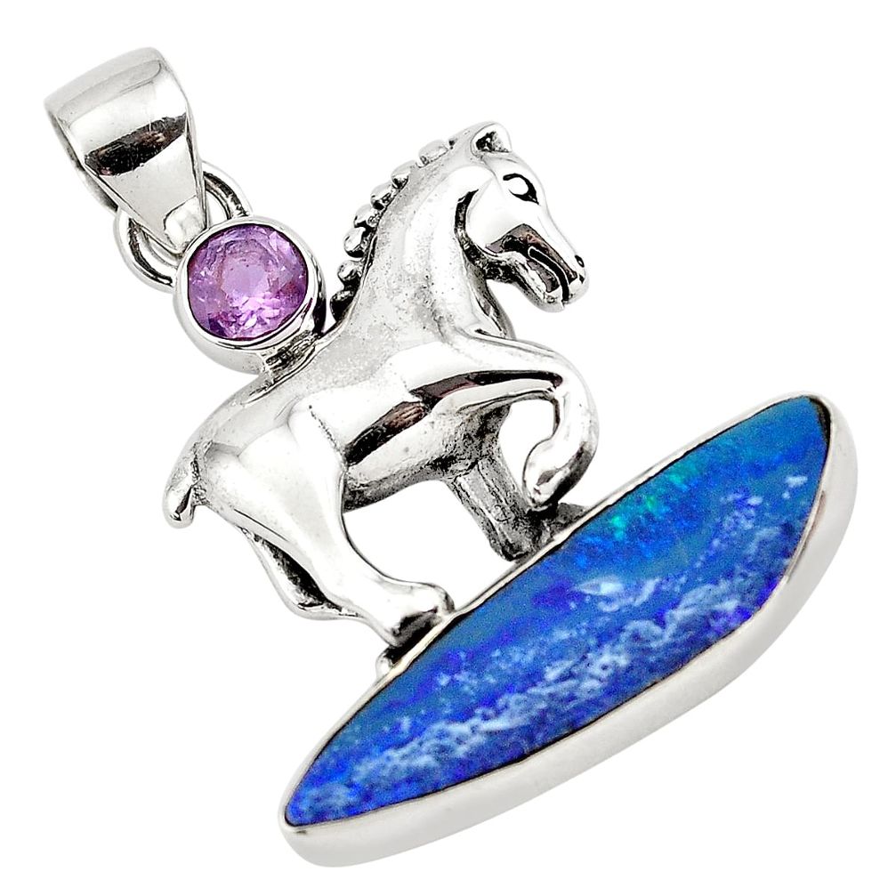12.60cts natural blue doublet opal australian 925 silver horse pendant p79668