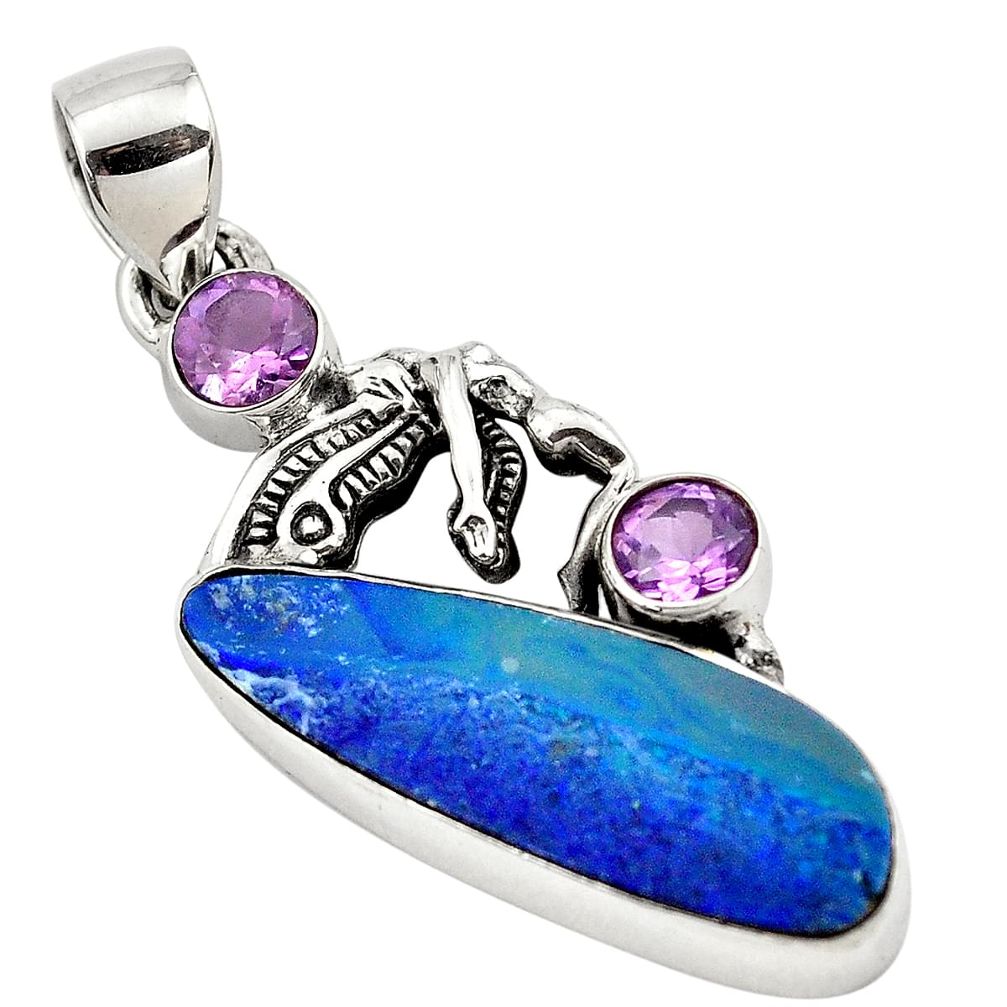 11.37cts natural blue doublet opal australian amethyst 925 silver pendant p79662