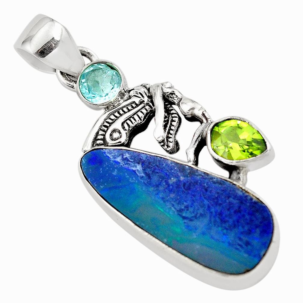 11.02cts natural blue doublet opal australian peridot 925 silver pendant p79672