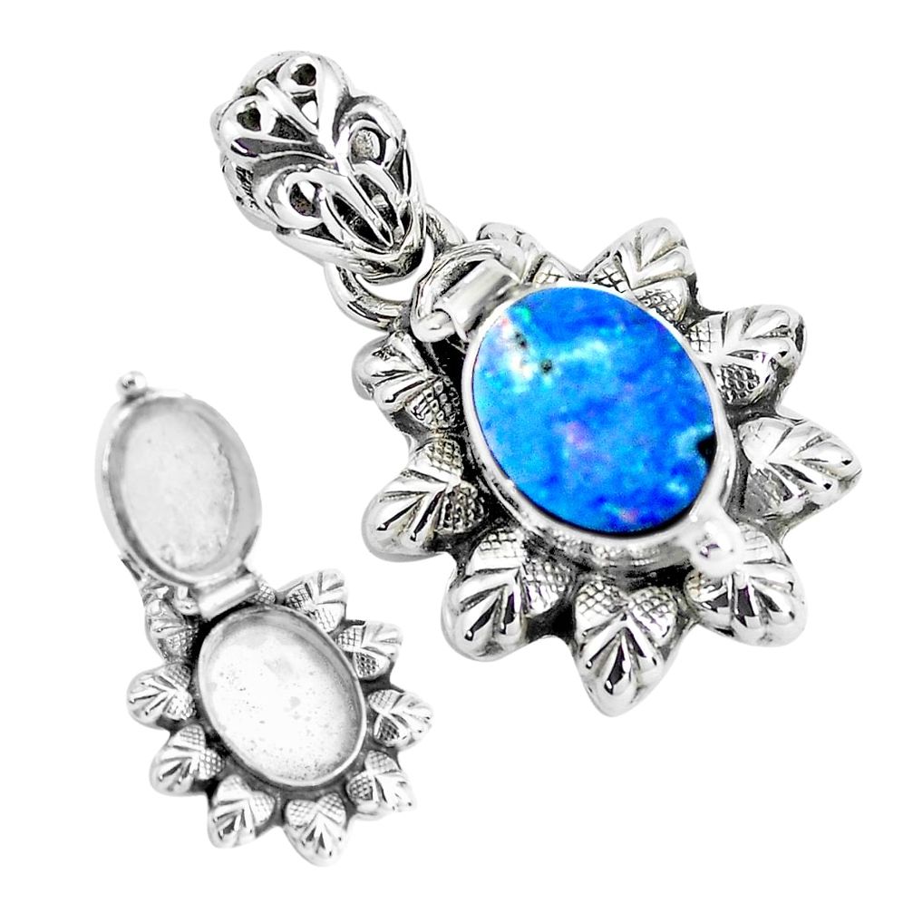 2.93cts natural blue doublet opal australian silver poison box pendant p44952