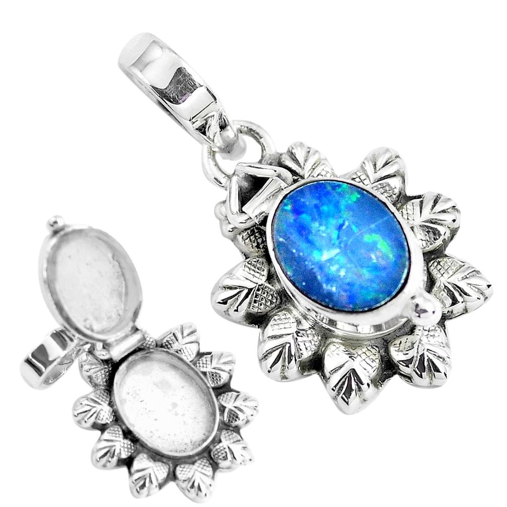 2.69cts natural blue doublet opal australian silver poison box pendant p44953