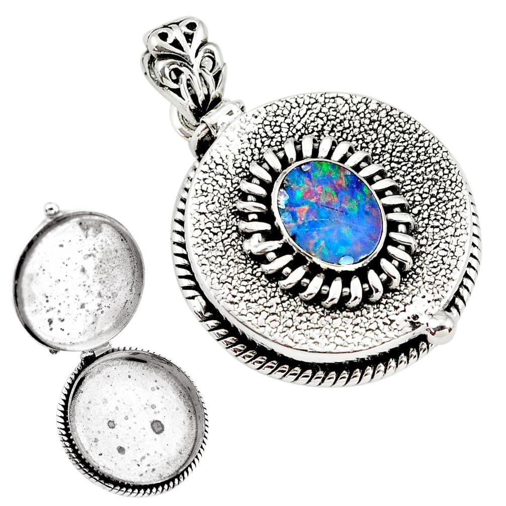 3.57cts natural blue doublet opal australian silver poison box pendant p79878