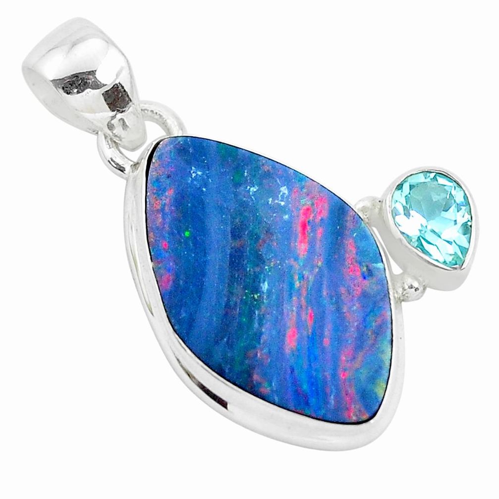 9.61cts natural blue doublet opal australian topaz 925 silver pendant p49939