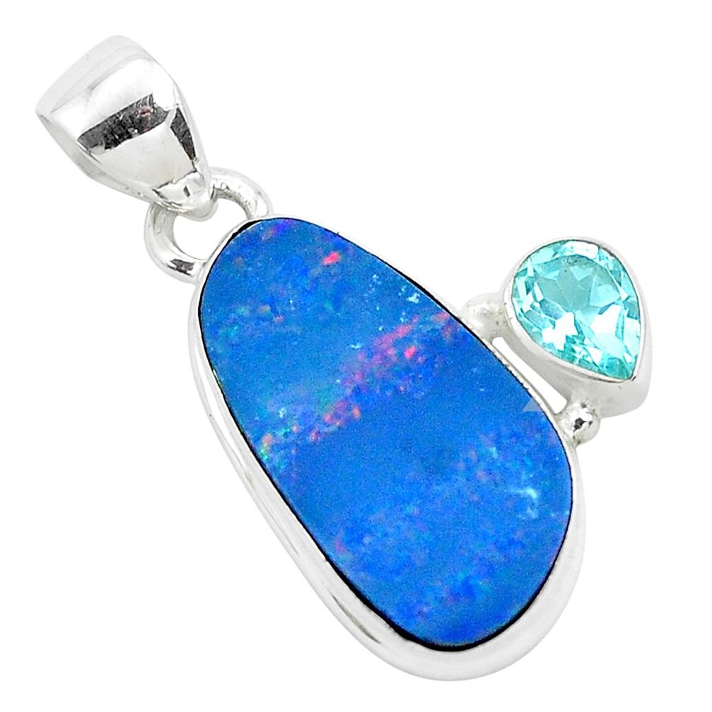 8.73cts natural blue doublet opal australian topaz 925 silver pendant p49940