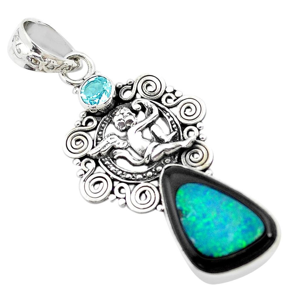 Natural blue doublet opal in onyx 925 silver cupid angel wings pendant p53756