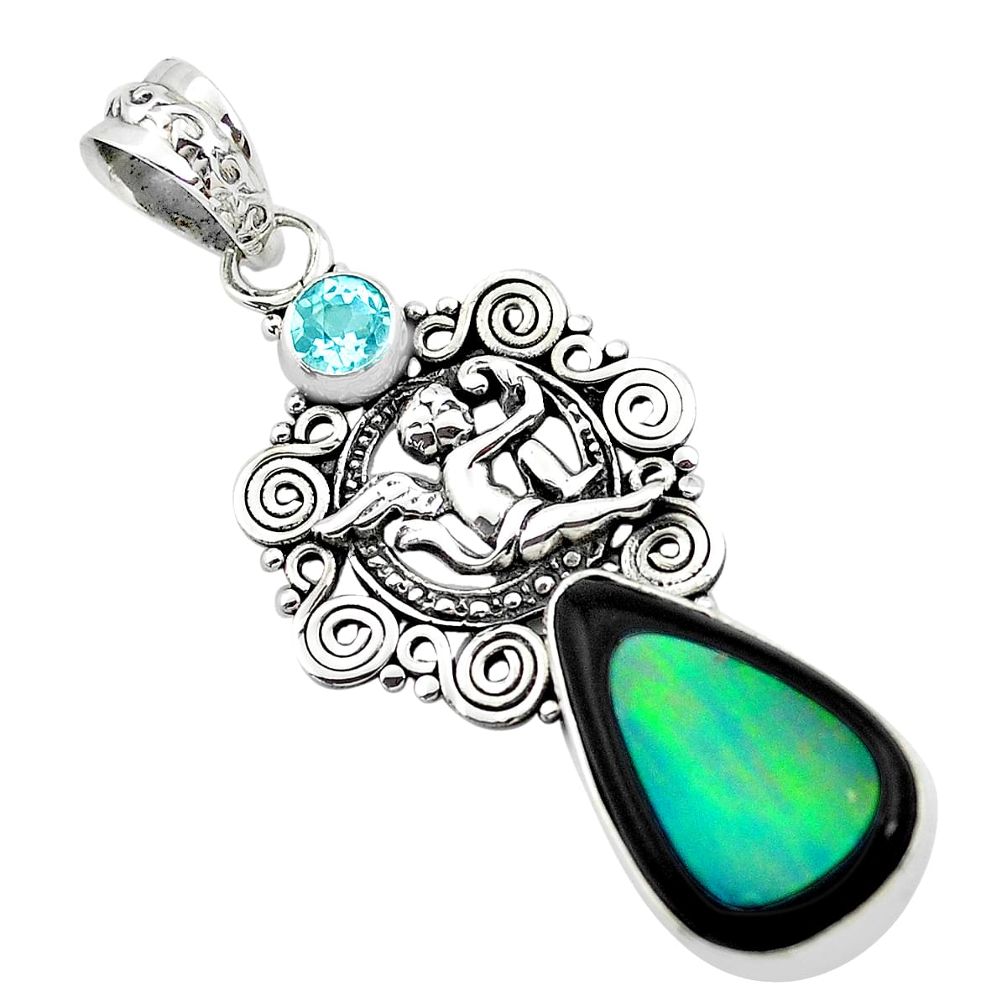 Natural blue doublet opal in onyx 925 silver cupid angel wings pendant p53760