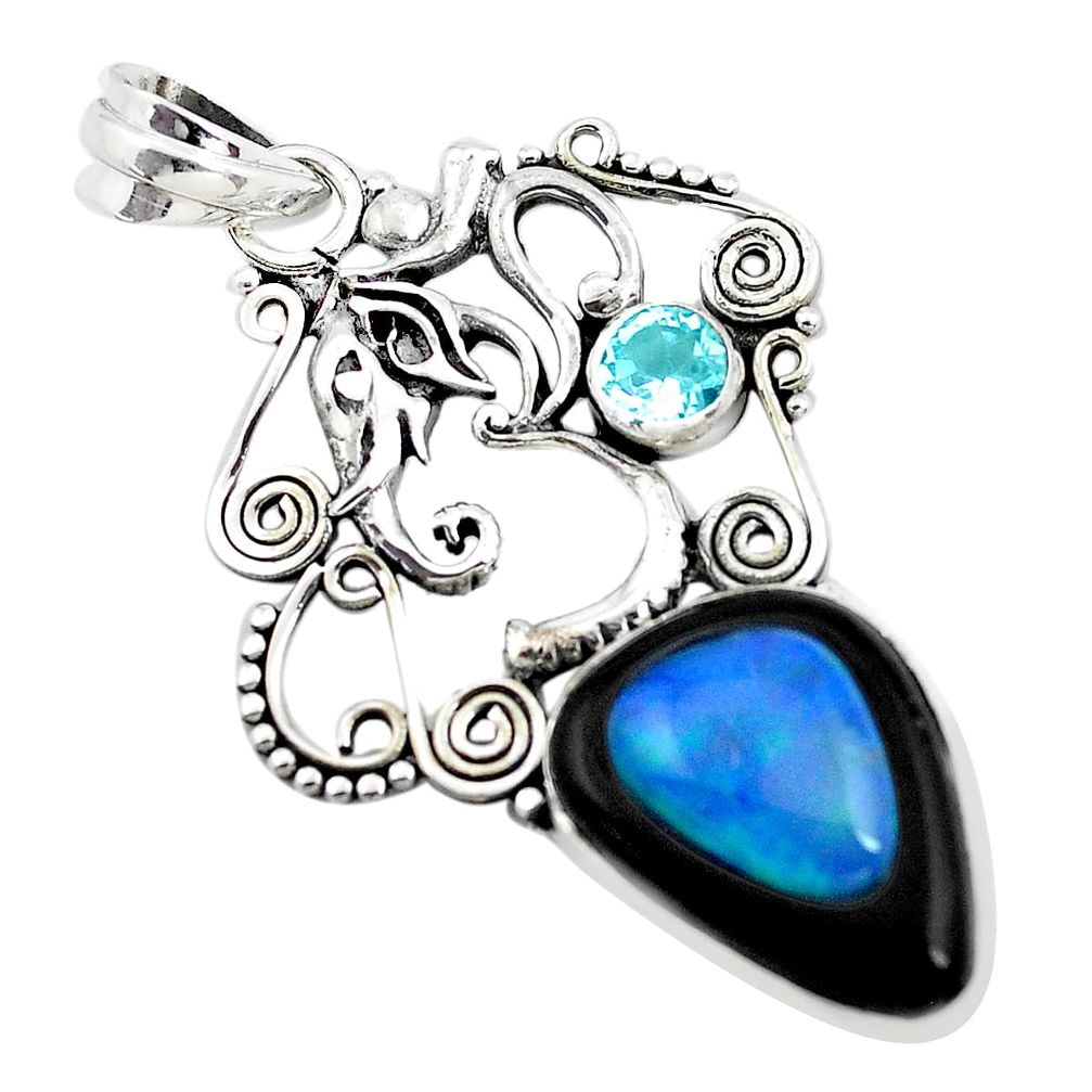 16.46cts natural blue doublet opal in onyx 925 silver elephant pendant p53752