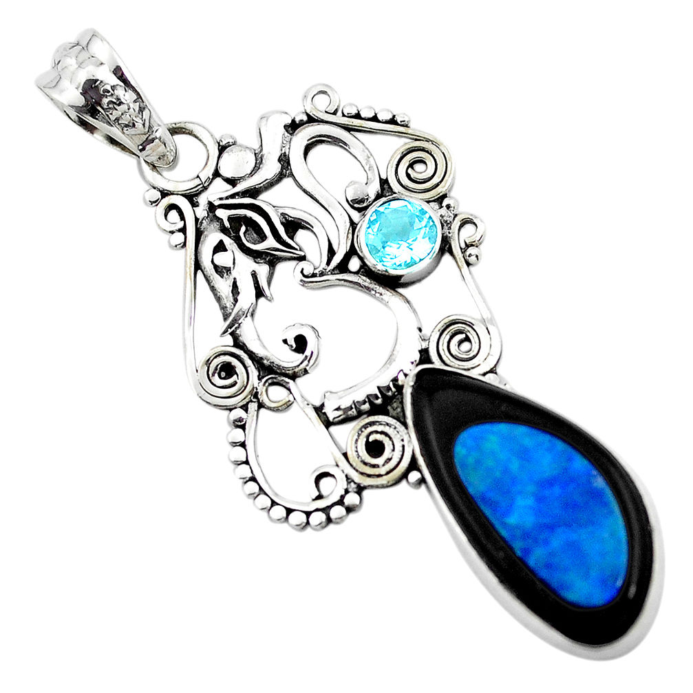 14.39cts natural blue doublet opal in onyx 925 silver elephant pendant p53757