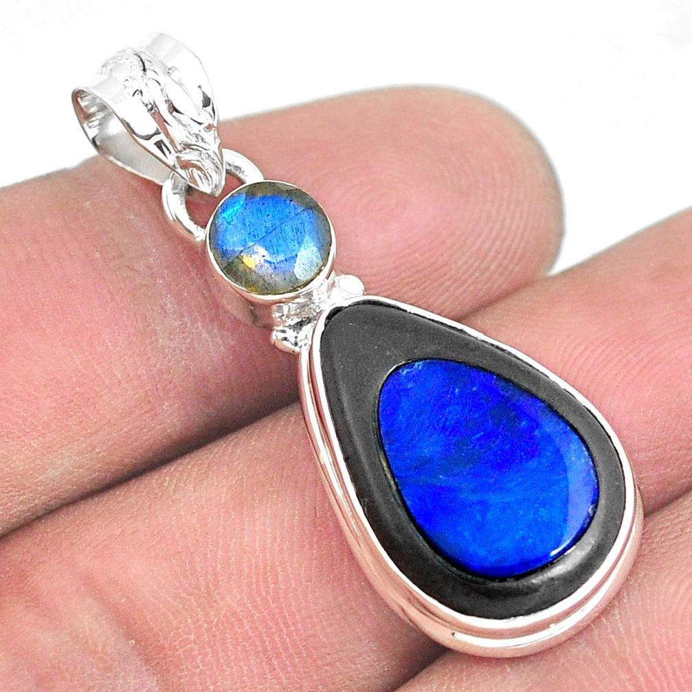 12.07cts natural blue doublet opal in onyx 925 silver pendant jewelry p53685