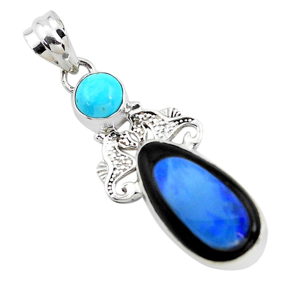 13.55cts natural blue doublet opal in onyx 925 silver pendant jewelry p53754