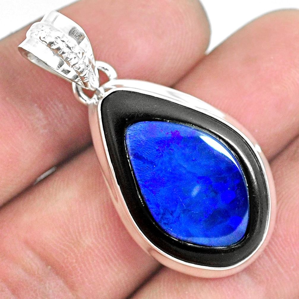 19.23cts natural blue doublet opal in onyx 925 sterling silver pendant p53582