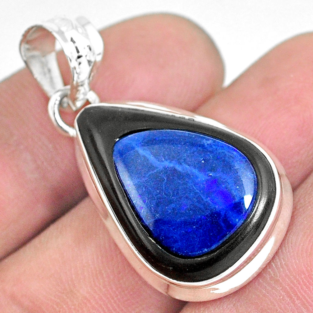 19.23cts natural blue doublet opal in onyx 925 sterling silver pendant p53583