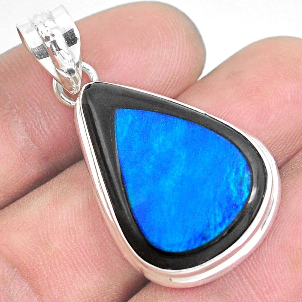20.07cts natural blue doublet opal in onyx 925 sterling silver pendant p53610
