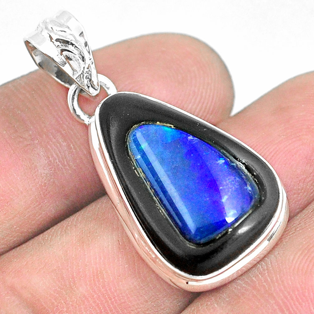 15.58cts natural blue doublet opal in onyx 925 sterling silver pendant p53634