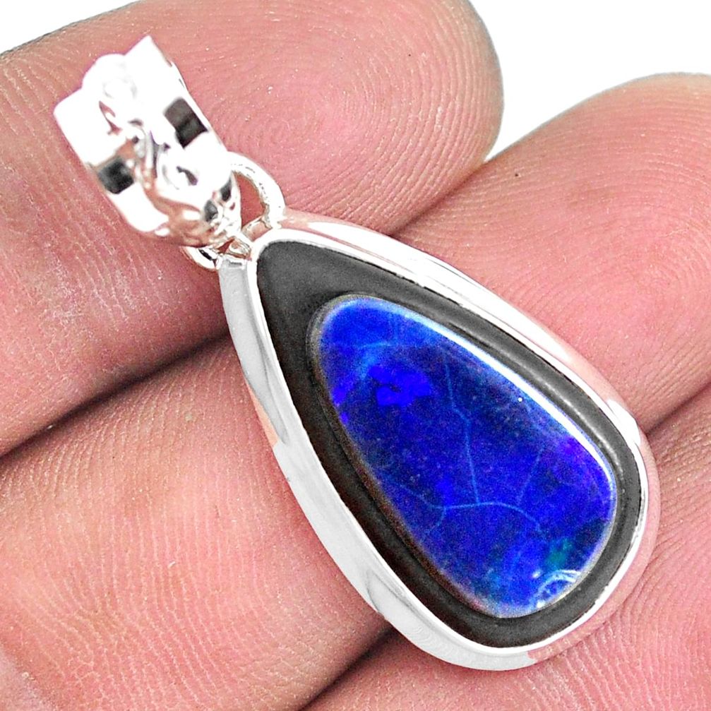 13.40cts natural blue doublet opal in onyx 925 sterling silver pendant p53642