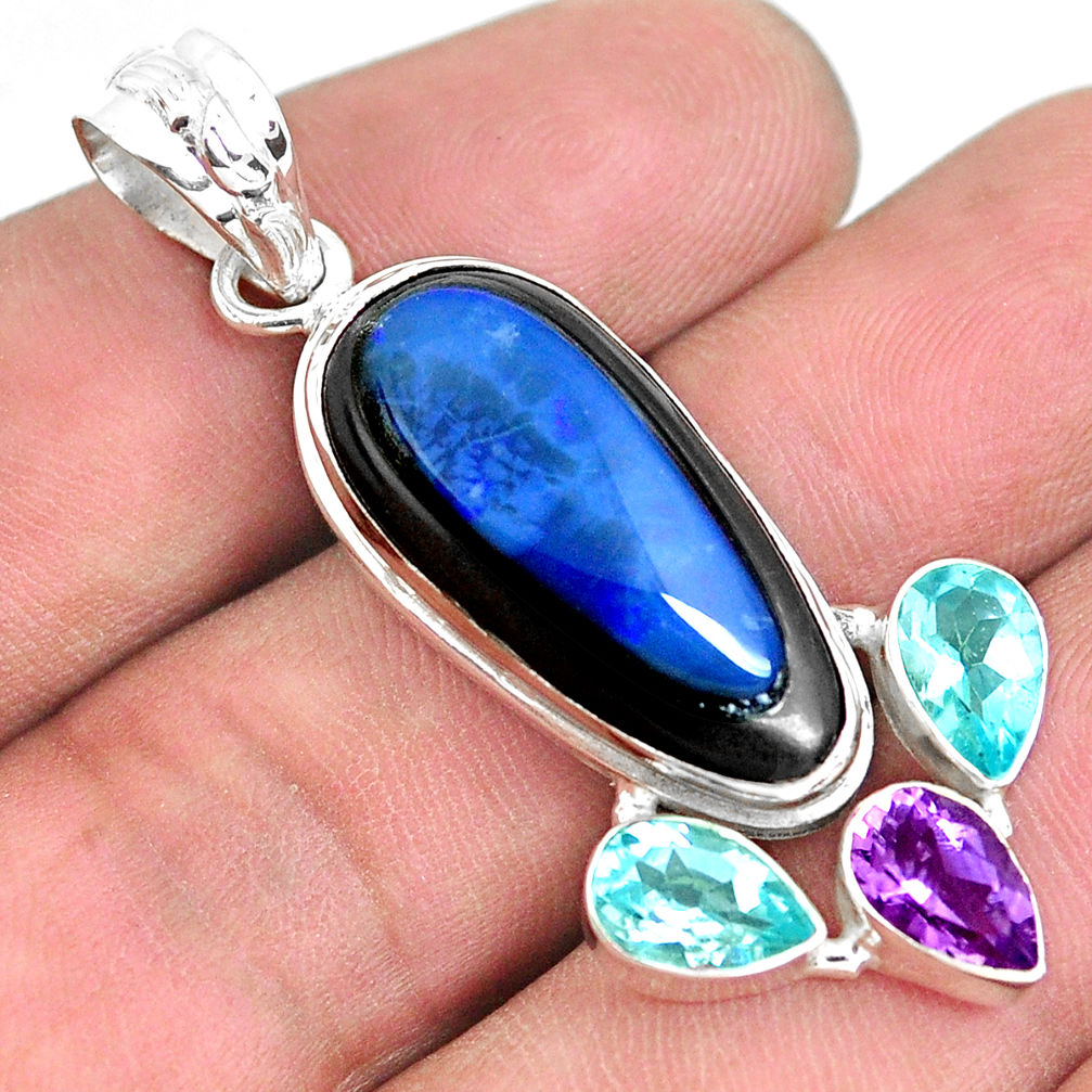 17.95cts natural blue doublet opal in onyx amethyst 925 silver pendant p53663