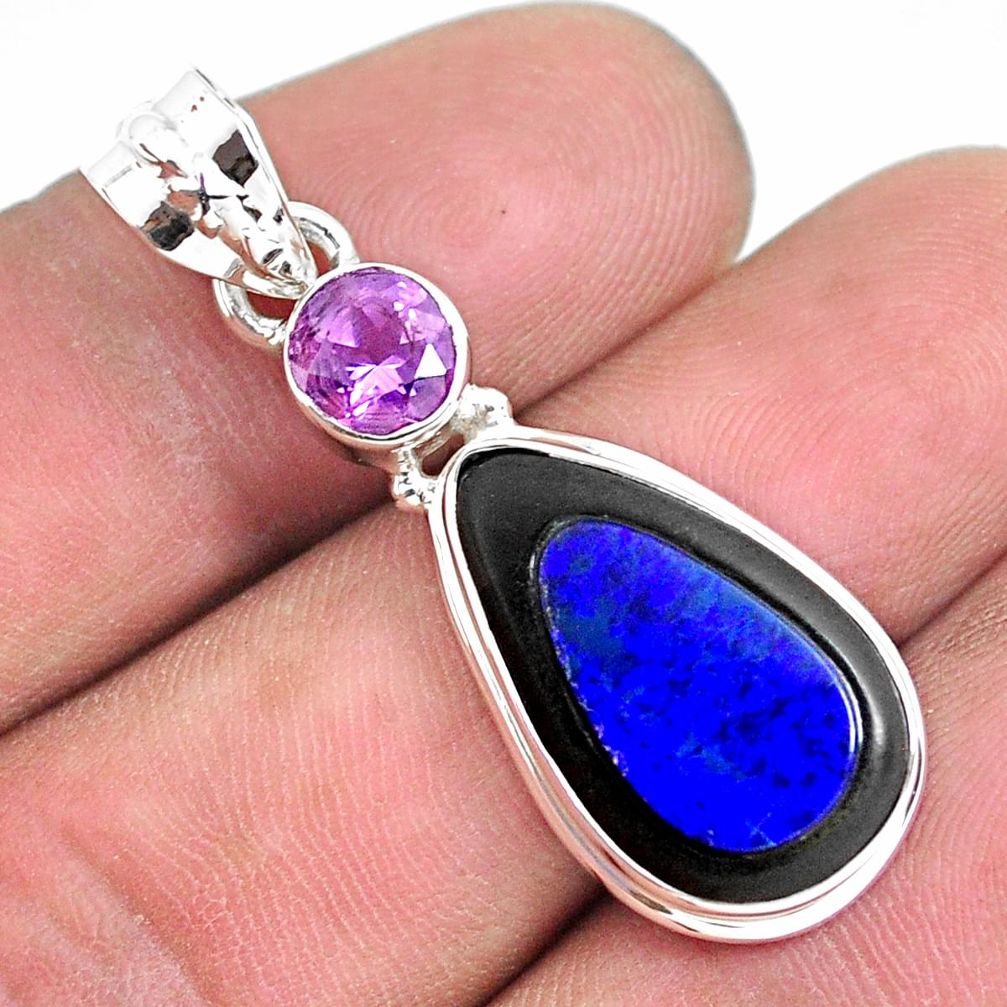 12.07cts natural blue doublet opal in onyx amethyst 925 silver pendant p53726