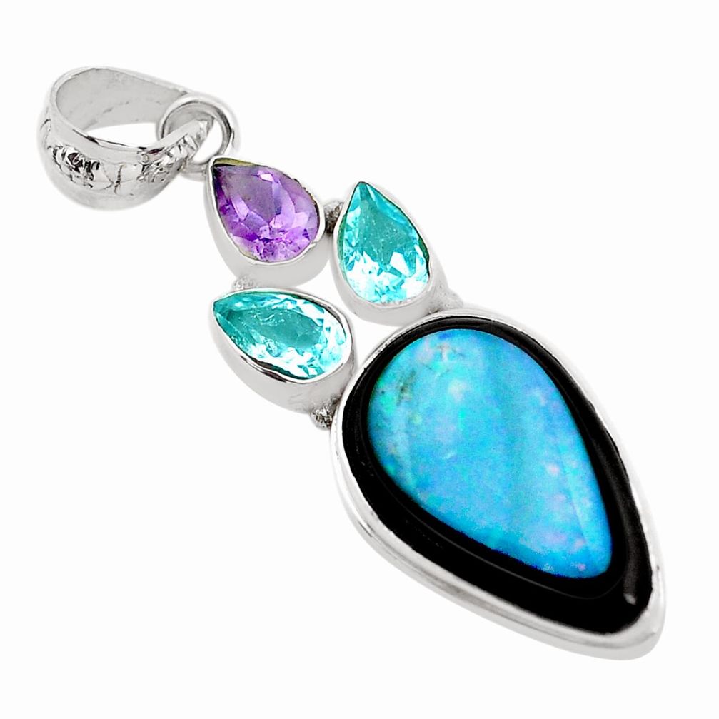 17.20cts natural blue doublet opal in onyx amethyst 925 silver pendant p53741