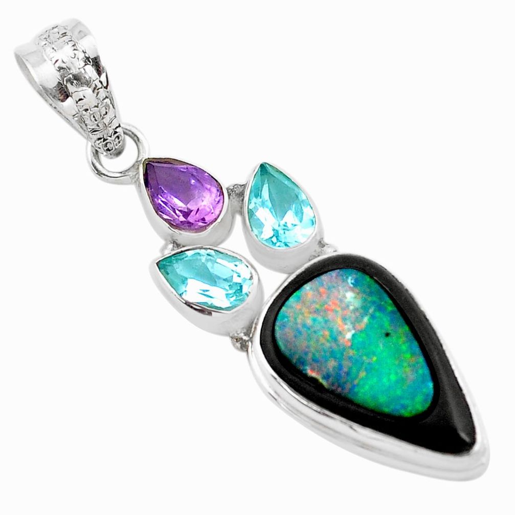 14.90cts natural blue doublet opal in onyx amethyst 925 silver pendant p53745
